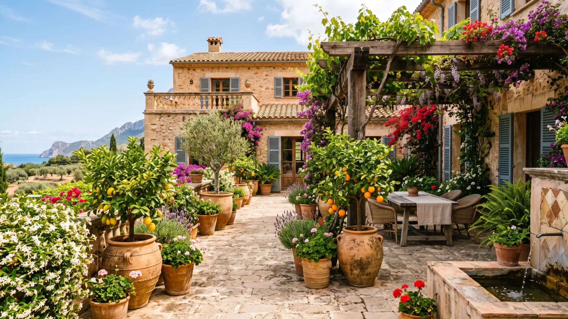 A planted courtyard beside a Mallorcan stone house, with terracotta pots, citrus trees and a water basin