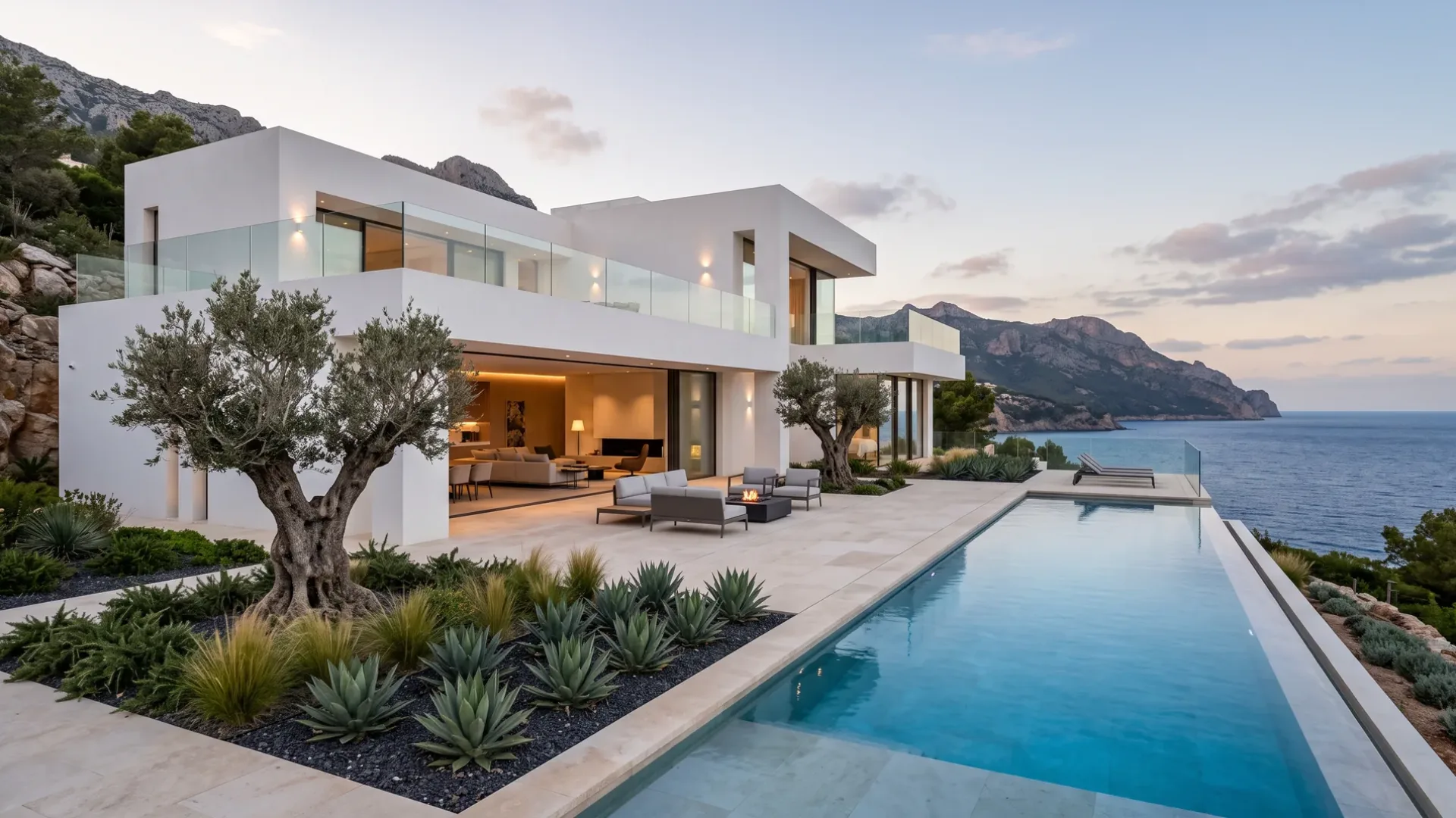 A minimalist white villa above the sea, with olive trees, agaves and an infinity pool