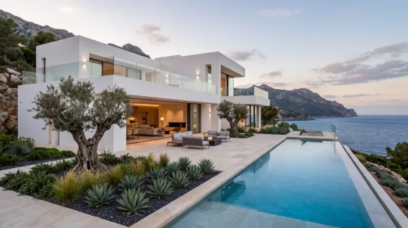 A minimalist white villa above the sea, with olive trees, agaves and an infinity pool