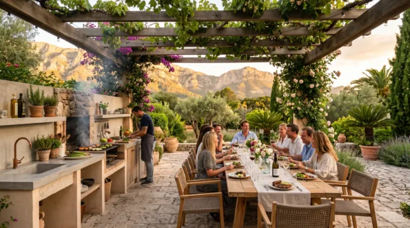 A long table set for a meal under a vine-covered pergola beside an outdoor kitchen, with mountains behind