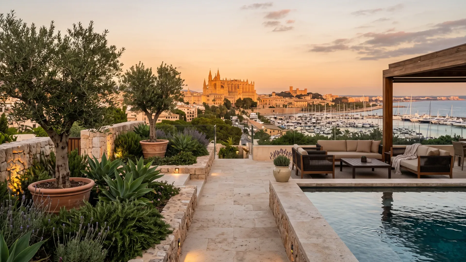 A planted terrace and pool at sunset looking over Palma cathedral and the marina