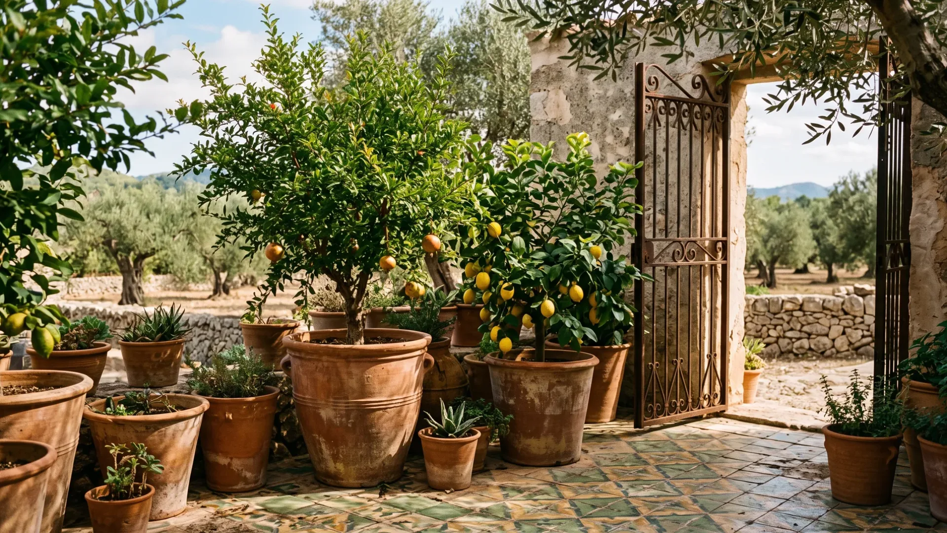 Potted lemon and citrus trees in terracotta planters on a Mallorcan patio, beside an open wrought-iron gate