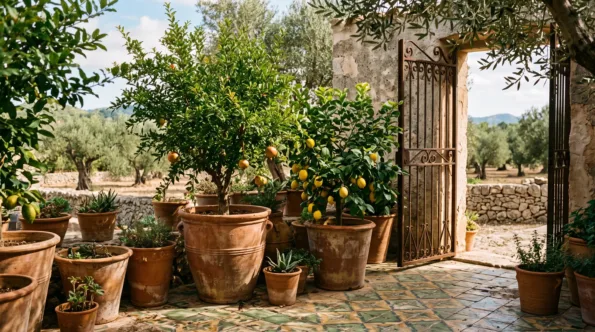 Potted lemon and citrus trees in terracotta planters on a Mallorcan patio, beside an open wrought-iron gate