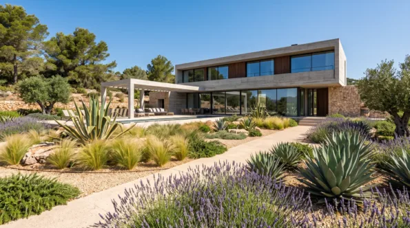 A gravel xeriscape garden of agaves, feather grasses and lavender in front of a modern Mallorcan house